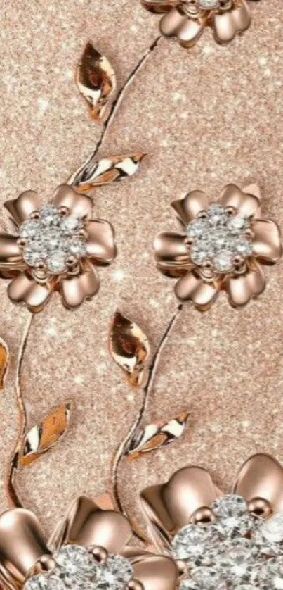 Rose gold floral phone wallpaper with crystal accents and elegant design.