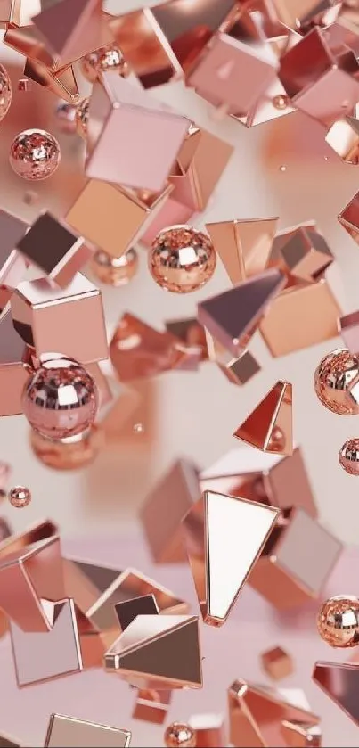 Rose gold geometric shapes floating elegantly.