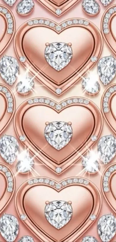 Rose gold heart and diamond wallpaper with a luxurious shine.