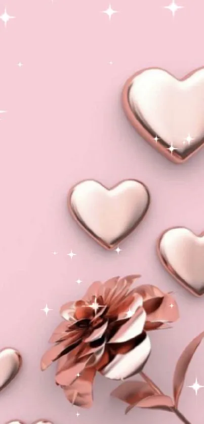 Rose gold hearts and flower on pink background mobile wallpaper.