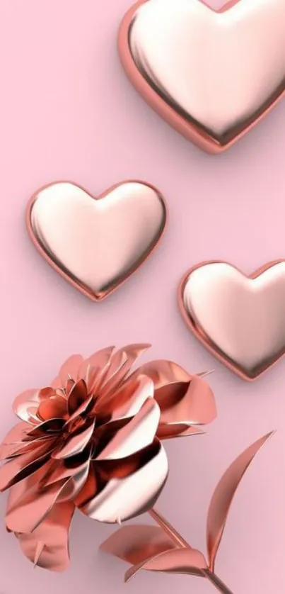 Rose gold metallic hearts on pink background with floral touch.