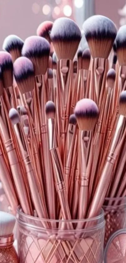 Elegant rose gold makeup brushes in a jar.