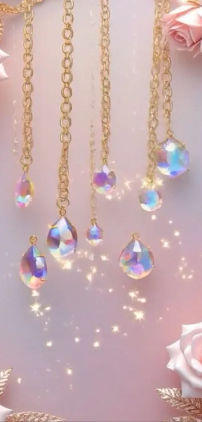 Rose gold wallpaper with hanging gems and roses