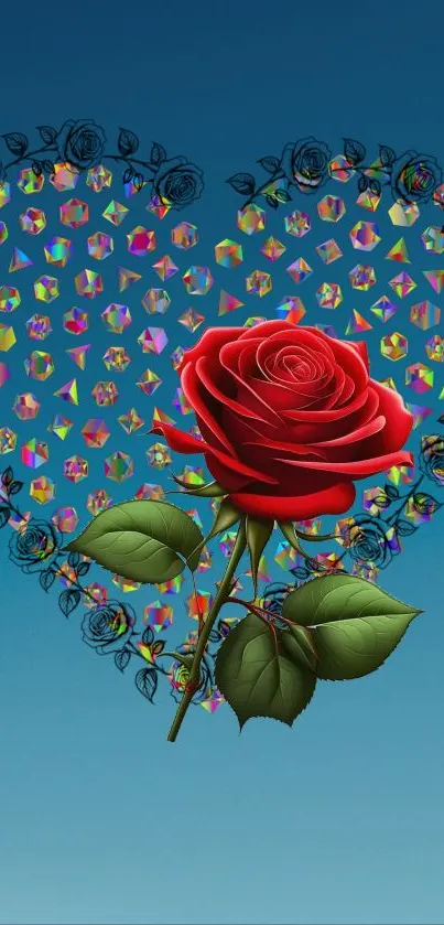 Red rose within a colorful heart pattern on a blue background wallpaper.