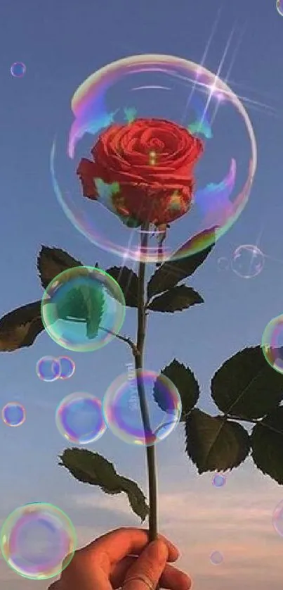 Red rose inside a bubble held against a clear blue sky.
