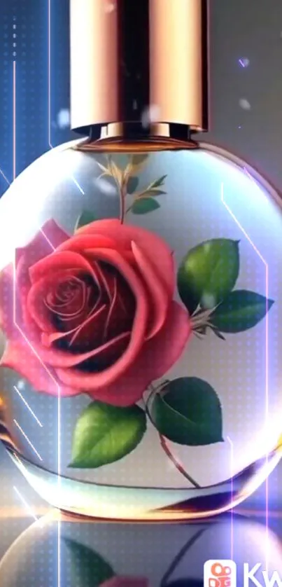 Mobile wallpaper with red rose encased in a glass sphere and digital lines.