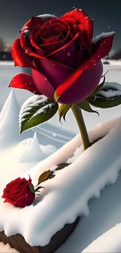 Red rose emerging through snowy landscape on wallpaper.