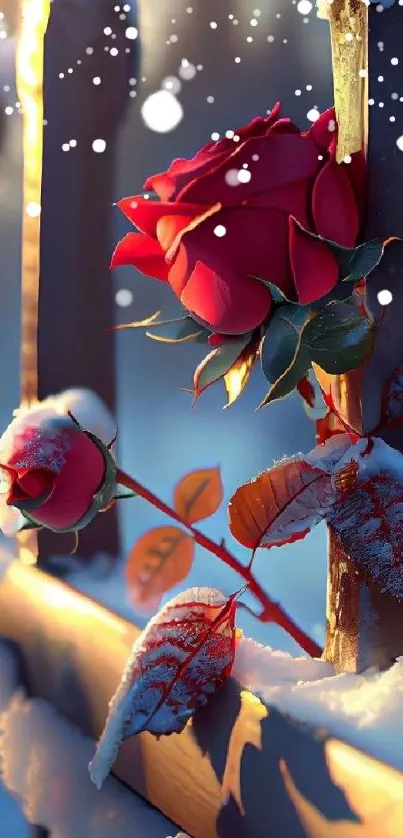 Red rose in snow at sunrise on a fence showcasing winter's beauty.