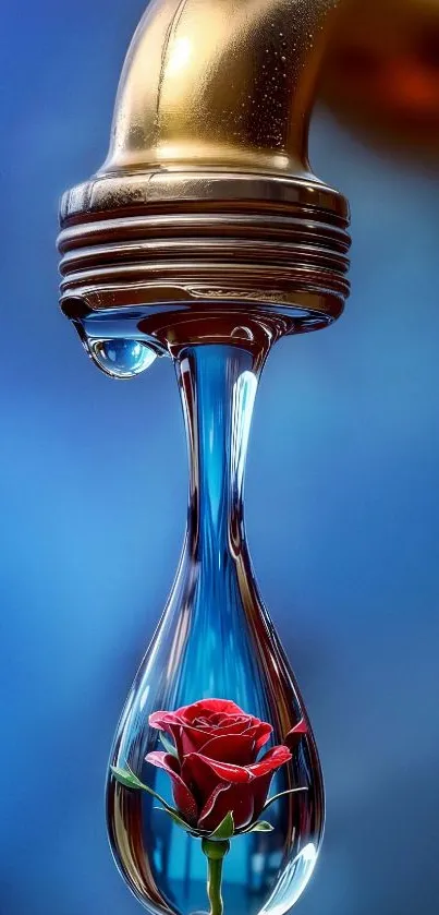 Water droplet with red rose art on blue background.