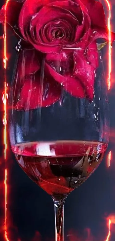 Red rose submerged in a wine glass with fiery background.