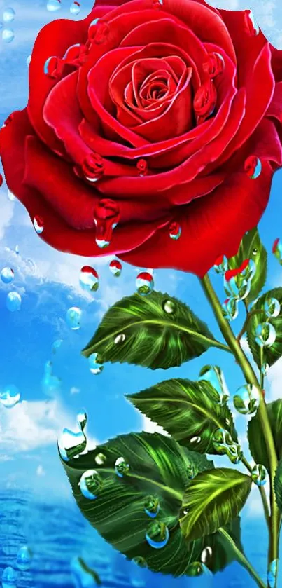 Red rose with water droplets on a blue sky background.