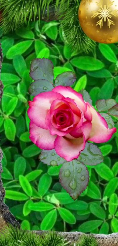 Vibrant pink rose with green leaves and holiday ornaments.