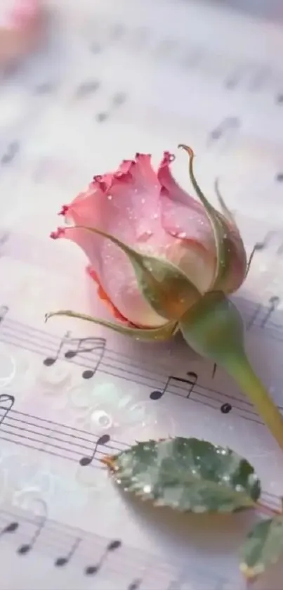 A pink rose resting on musical sheets with dewdrops, creating elegance.