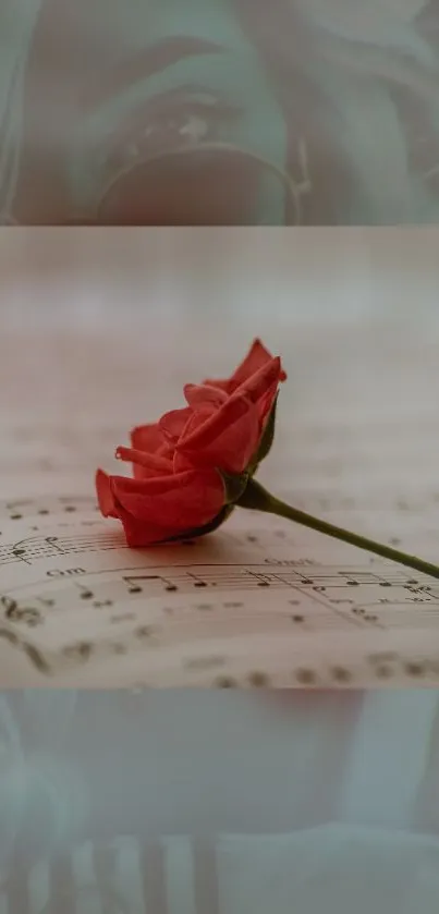 Red rose resting on sheet music creates a romantic and elegant phone wallpaper.