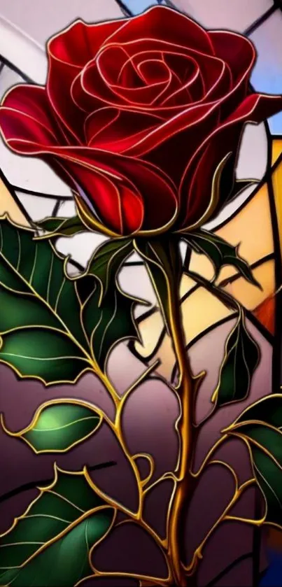 Stained glass art featuring a red rose and green leaves on a mobile wallpaper.