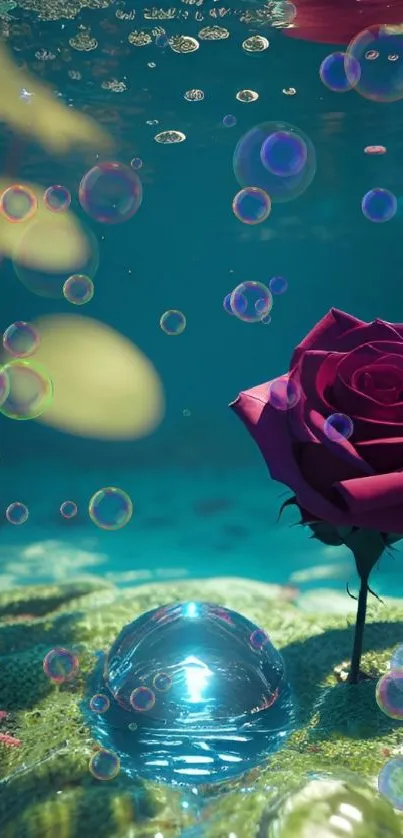 Underwater pink rose amid bubbles on a teal backdrop.