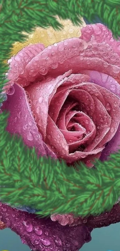 Dew-covered pink rose with surrounding green leaves.