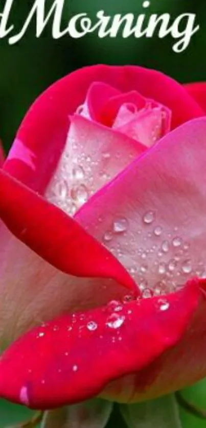 Vibrant red rose with morning dew and a Good Morning text.