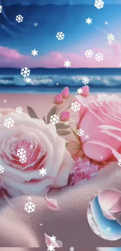 Pink and white roses on a snowy beach with ocean backdrop.