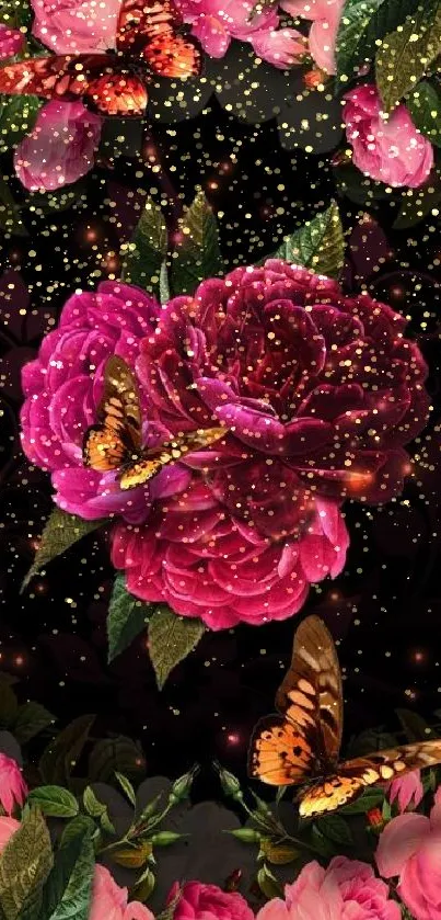 Pink roses and butterflies on a dark background.