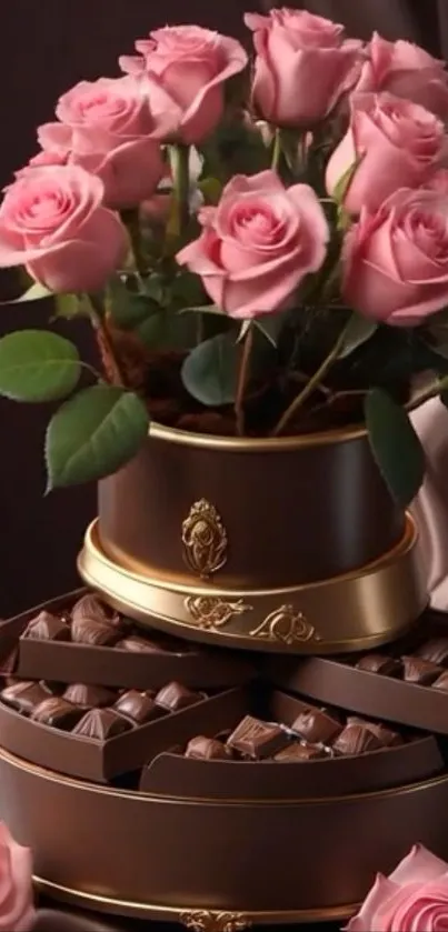 Mobile wallpaper with pink roses and chocolates in a luxury box.