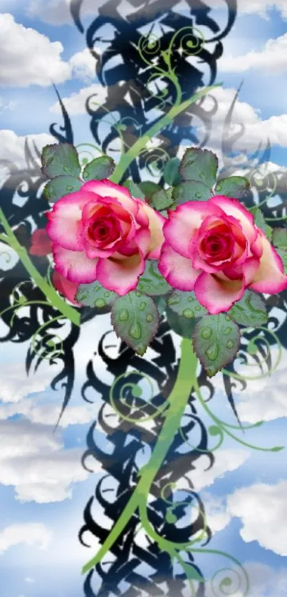 Wallpapers featuring pink roses and clouds with artistic patterns.