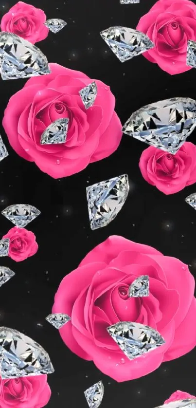 Elegant wallpaper with pink roses and diamonds on black background.