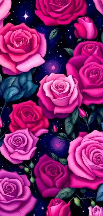 Vibrant pink roses with a cosmic galaxy background.