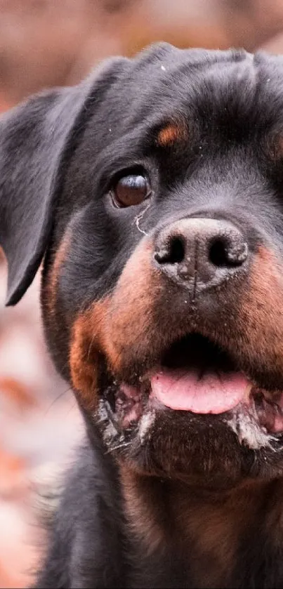 Rottweiler in an autumn forest setting with leaves.