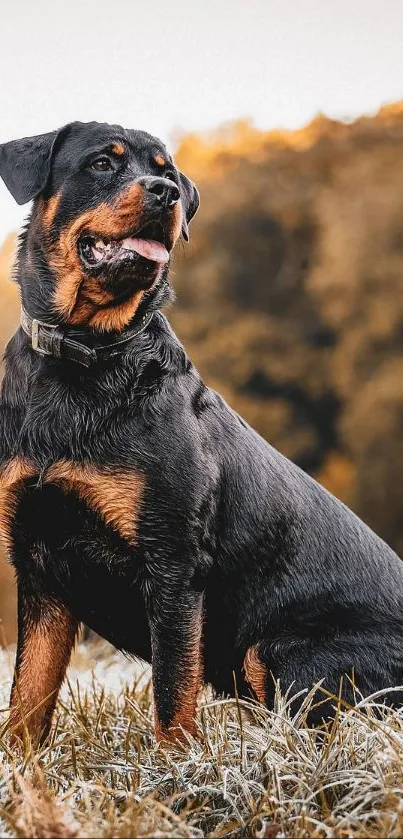 Rottweiler sitting in an autumn landscape