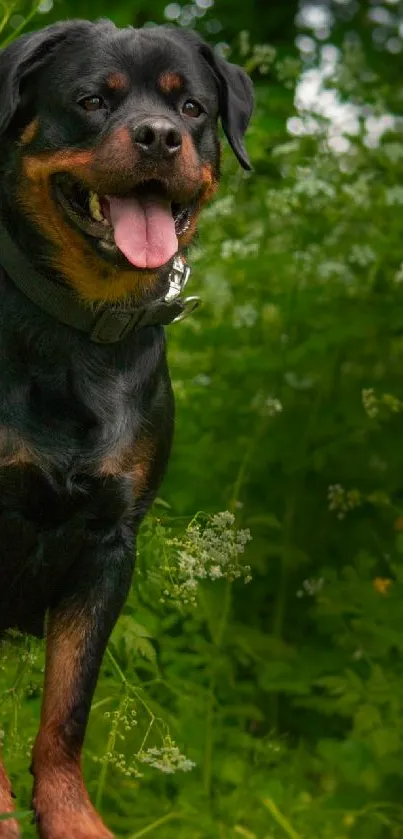 Rottweiler dog standing in lush green forest.