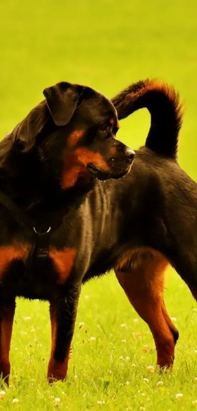 Rottweiler standing on green grass in sunlight.