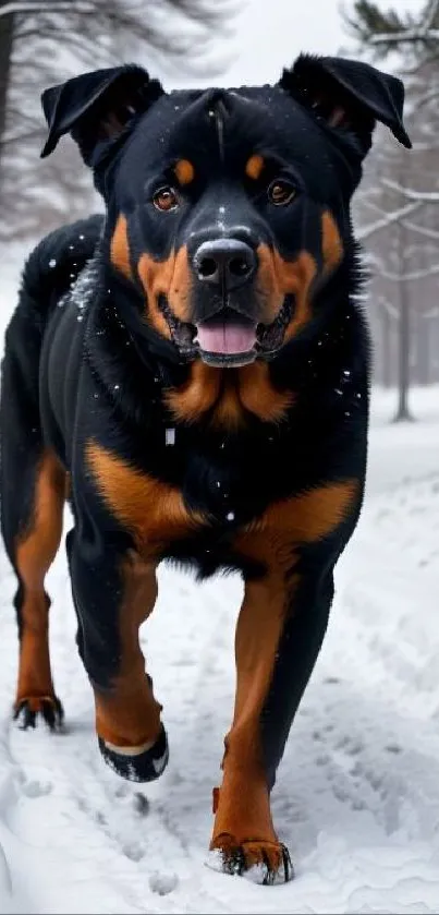 Rottweiler walking through a snowy forest with trees in the background.