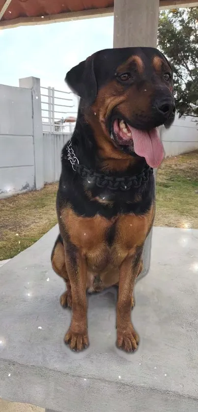 Rottweiler sitting on a stone surface outdoors.