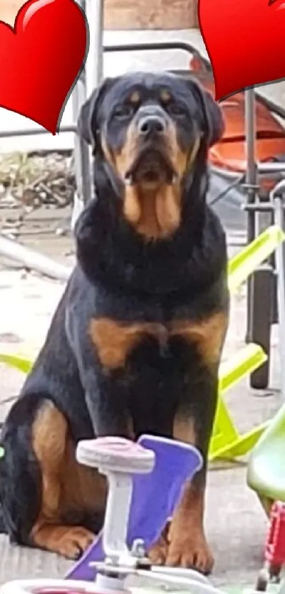 Rottweiler with red hearts on mobile wallpaper.