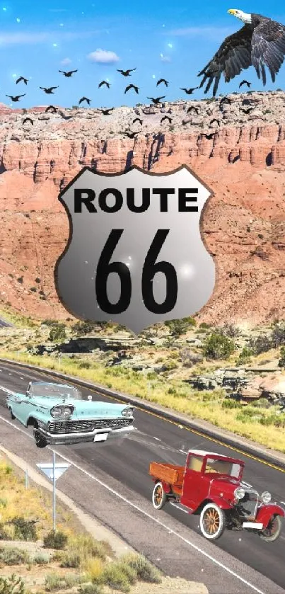 Route 66 desert scene with classic cars and eagle flying.