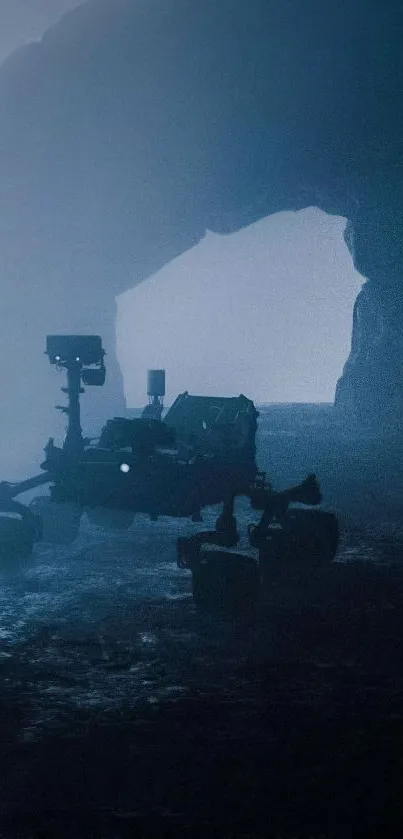 Dark silhouette of rover in mystical cave under blue glow.