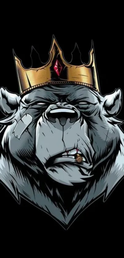 Graphic bear with crown on black background.