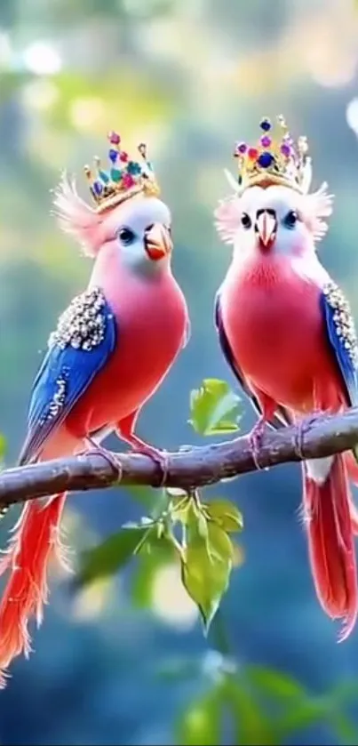 Two colorful birds with crowns on a branch.