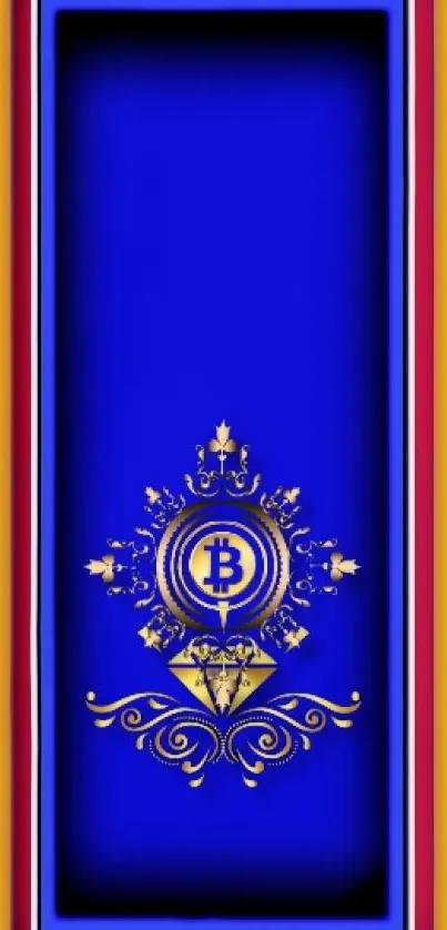 Elegant royal blue wallpaper with golden Bitcoin emblem and decorative design.