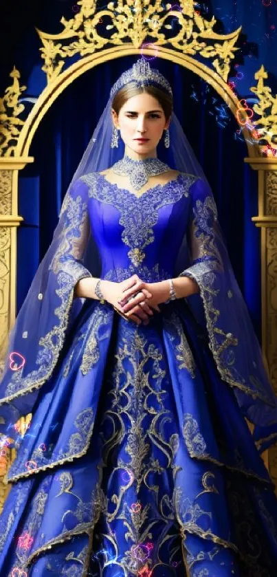 Royal blue gown in golden arch wallpaper.