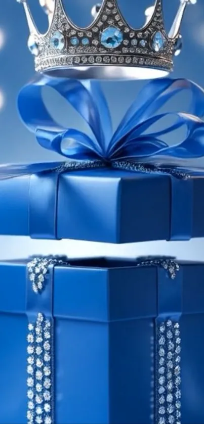 Royal blue gift box with crown on top.