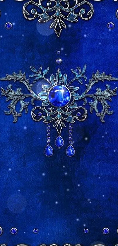 Royal blue wallpaper with ornate jewel design.