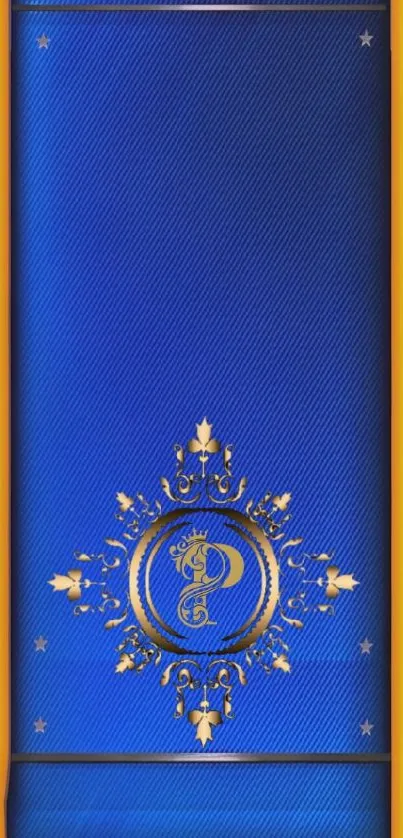 Royal blue wallpaper with gold details.