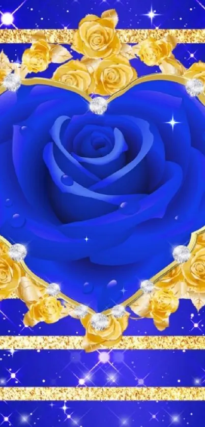 Royal blue rose with gold accents and sparkle backdrop.