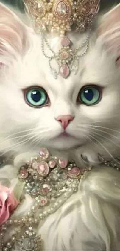 White cat with jeweled crown and pink rose on mobile wallpaper.