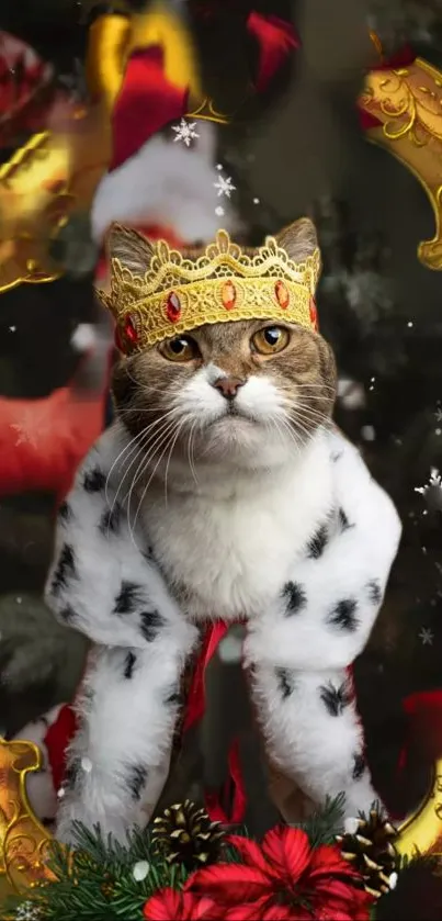 A majestic cat dressed in royal attire with a golden crown and holiday background.