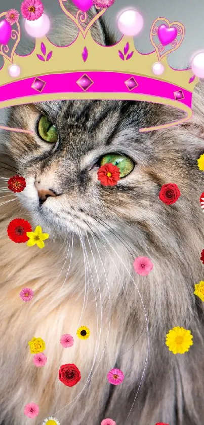 Fluffy cat with a pink tiara, exuding royal charm.