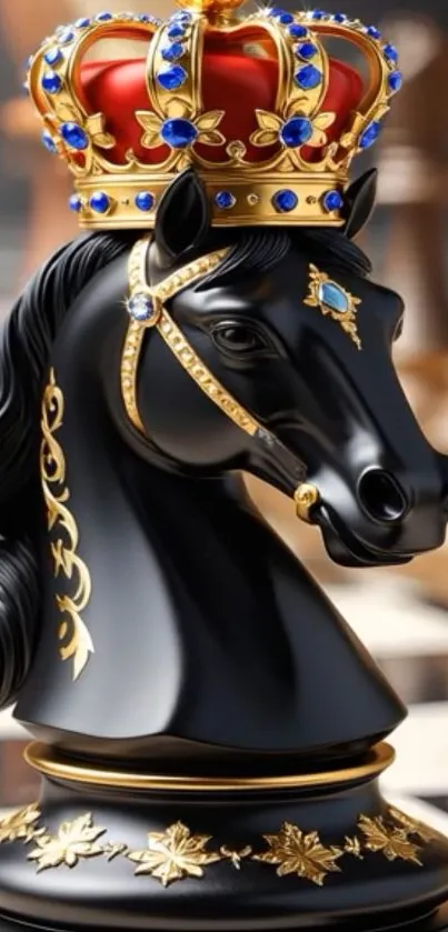 Majestic chess knight with royal crown on a chessboard.