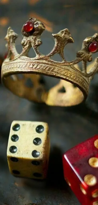 Golden crown and dice on dark background.